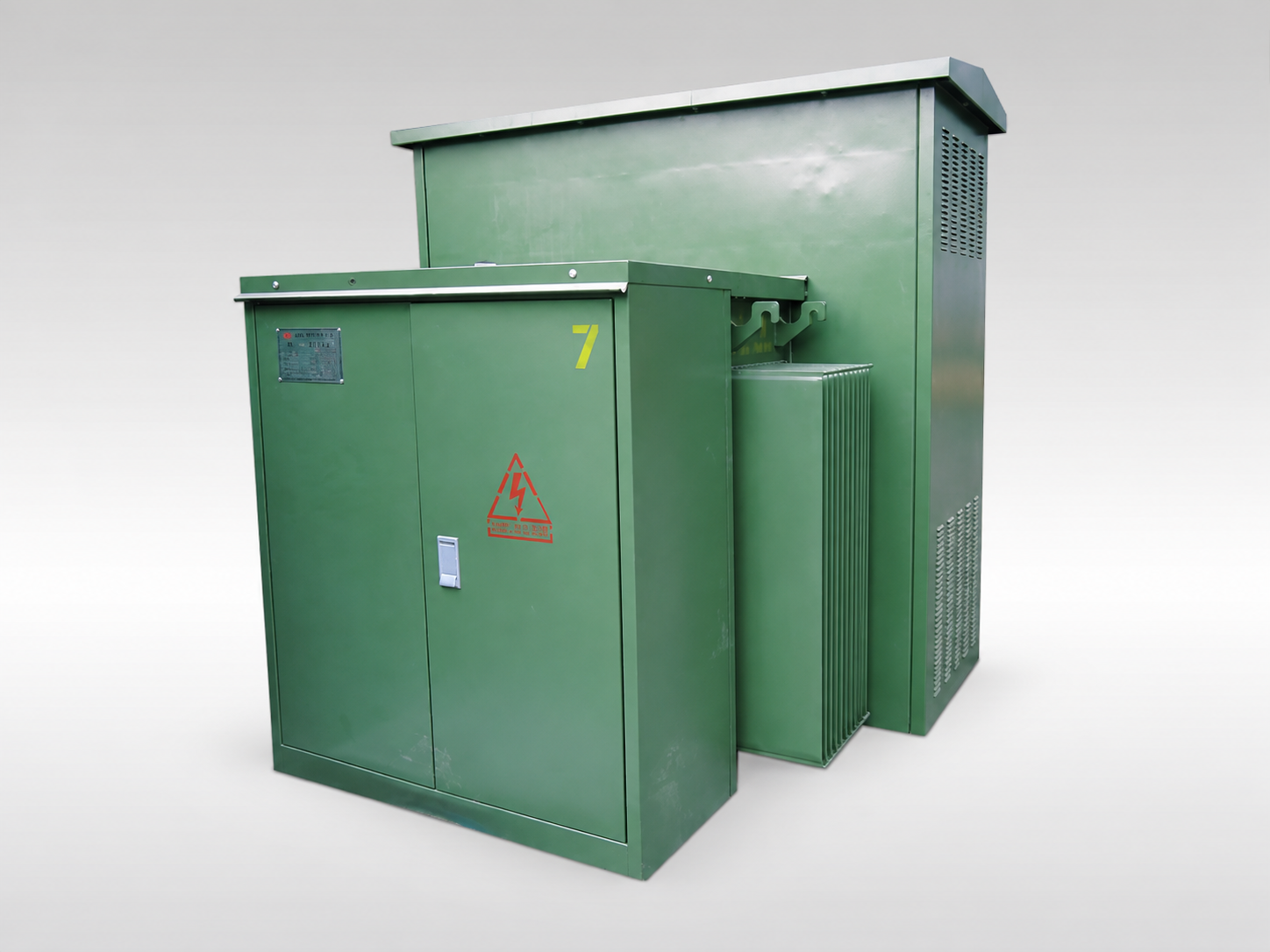 American-type compact substation enclosure with high-voltage hazard signage