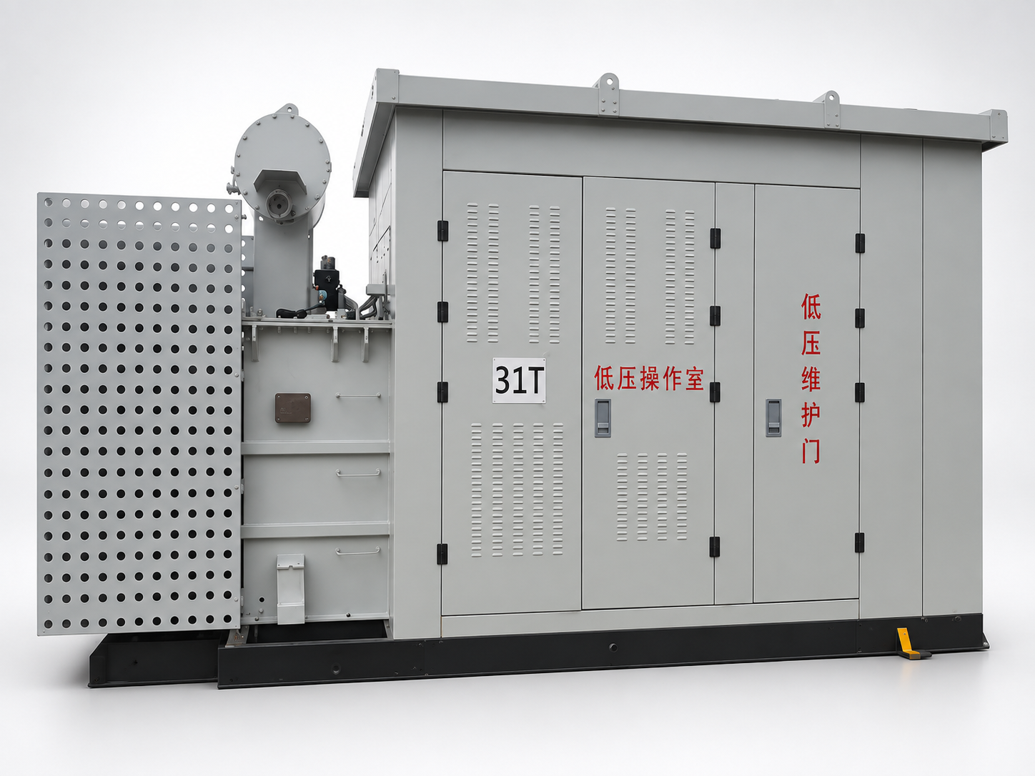 European-style compact substation enclosure mounted on a wind turbine platform