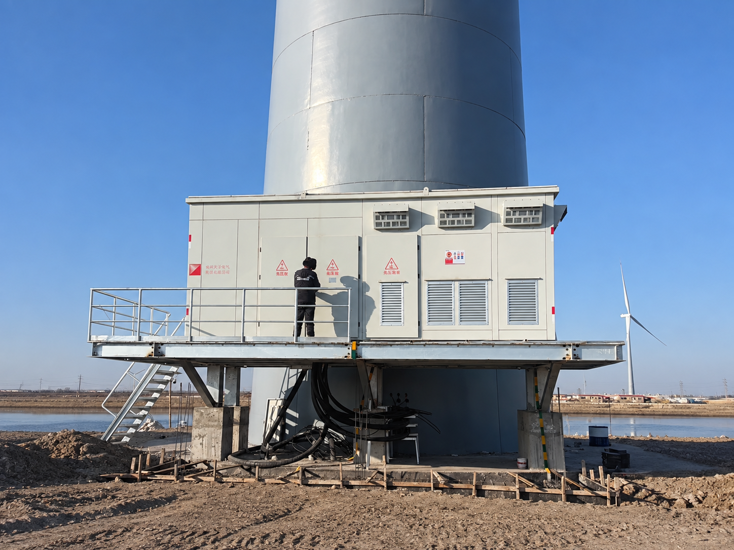 Hua-style compact substation enclosure at the base of a wind turbine tower